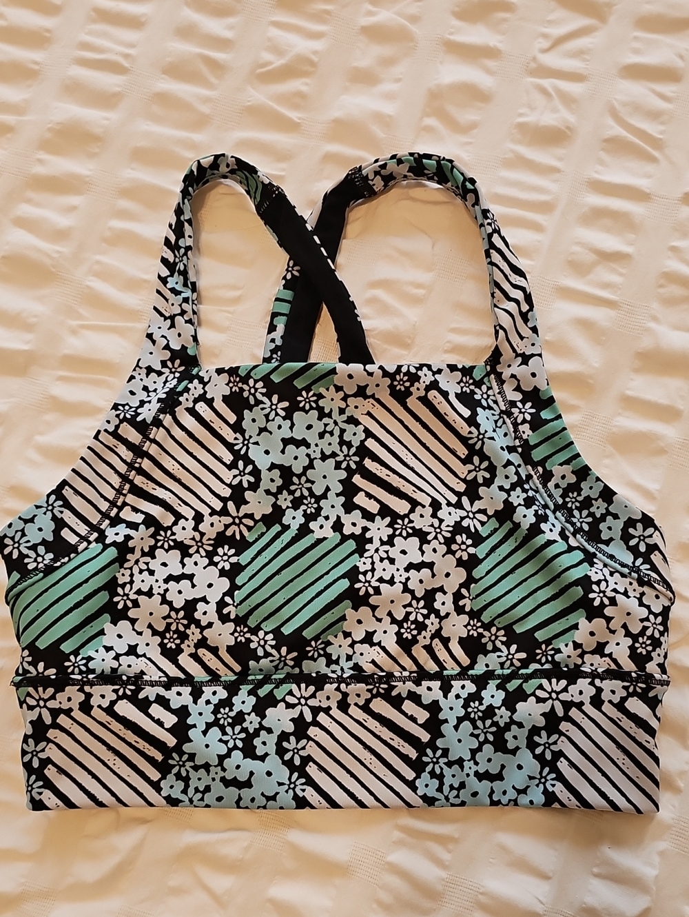 Movement by Free People Floral Stripe Hi Neck Sports Bra in Black, Mint & White